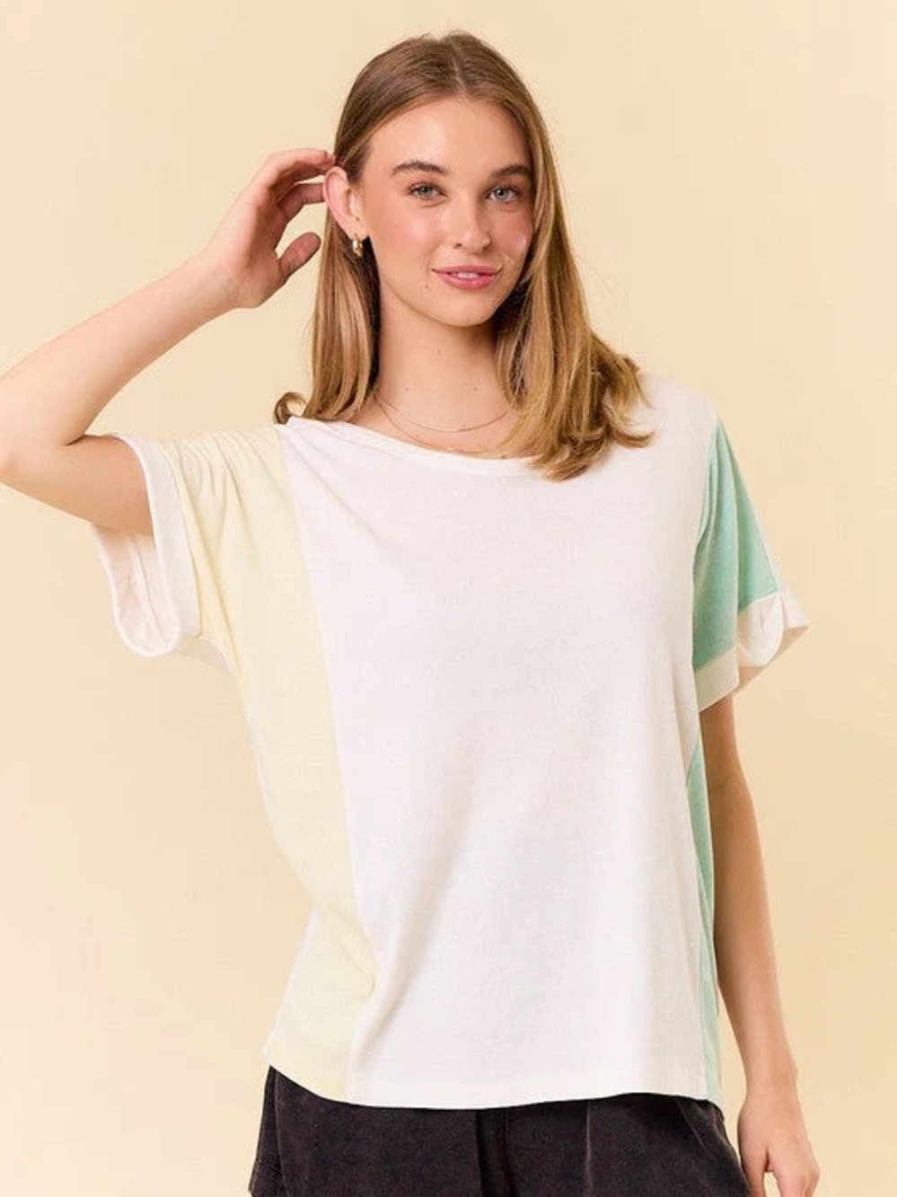 DOE AND RAE
Rolled Up Dolman Sleeve Color Block Top
